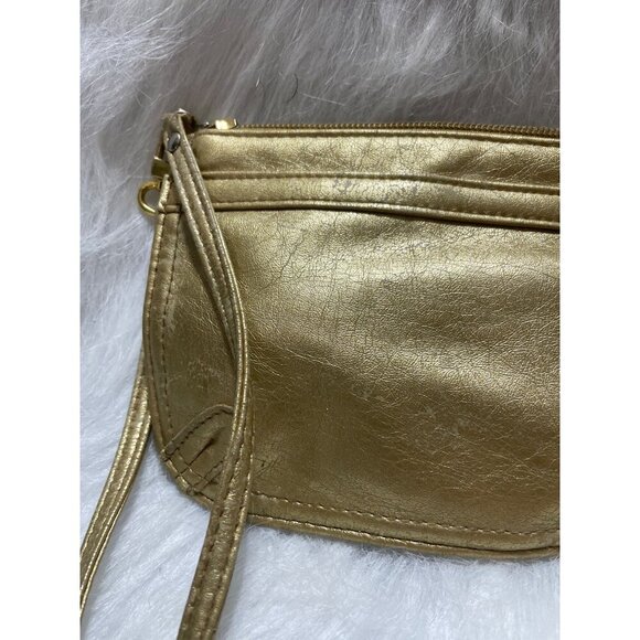 Neiman Marcus Gold Metallic Leather Wristlet Clutch With Removable Strap - Picture 2 of 7